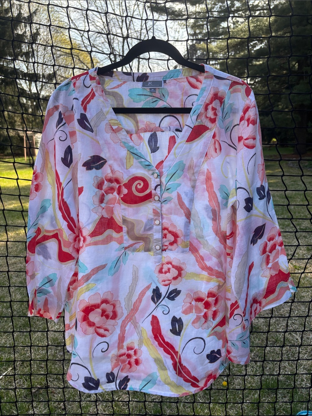JM Collection White Tunic Top with Red & Coral Floral Print